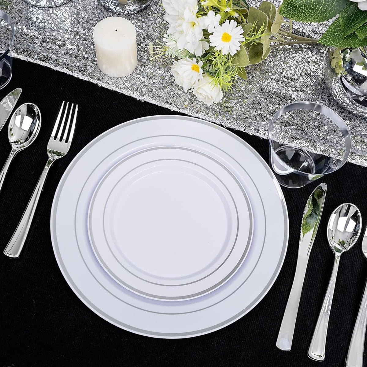 Set Platos Desechables Elegantes Fiesta 10 Personas 50 Pcs Silver