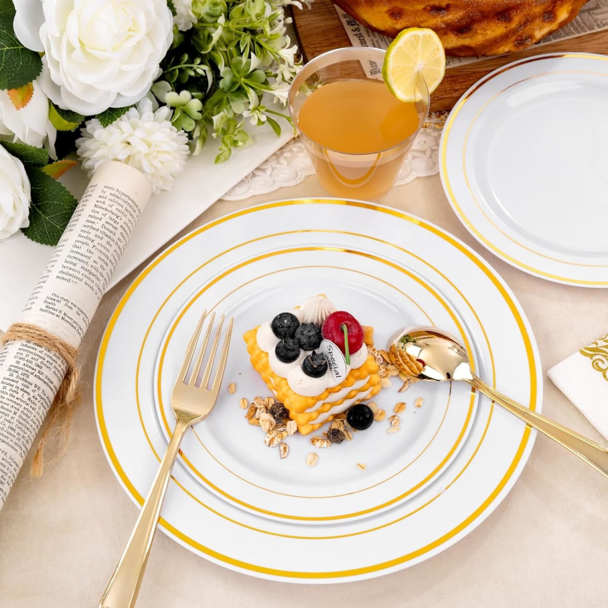 Set Platos Desechables Elegantes Fiesta 10 personas, 70 piezas Gold