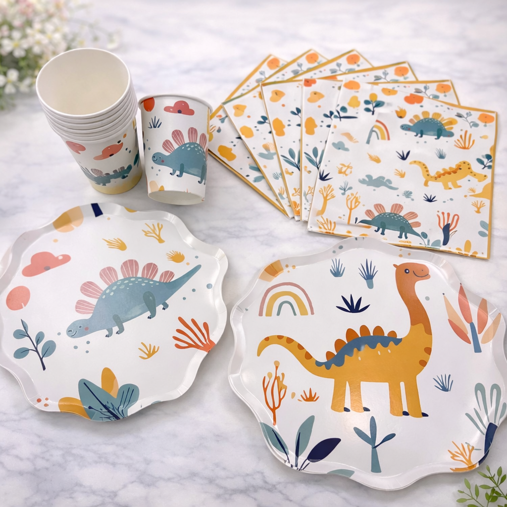 Set Cartón Dinosaurios 8 Personas, 40 piezas.