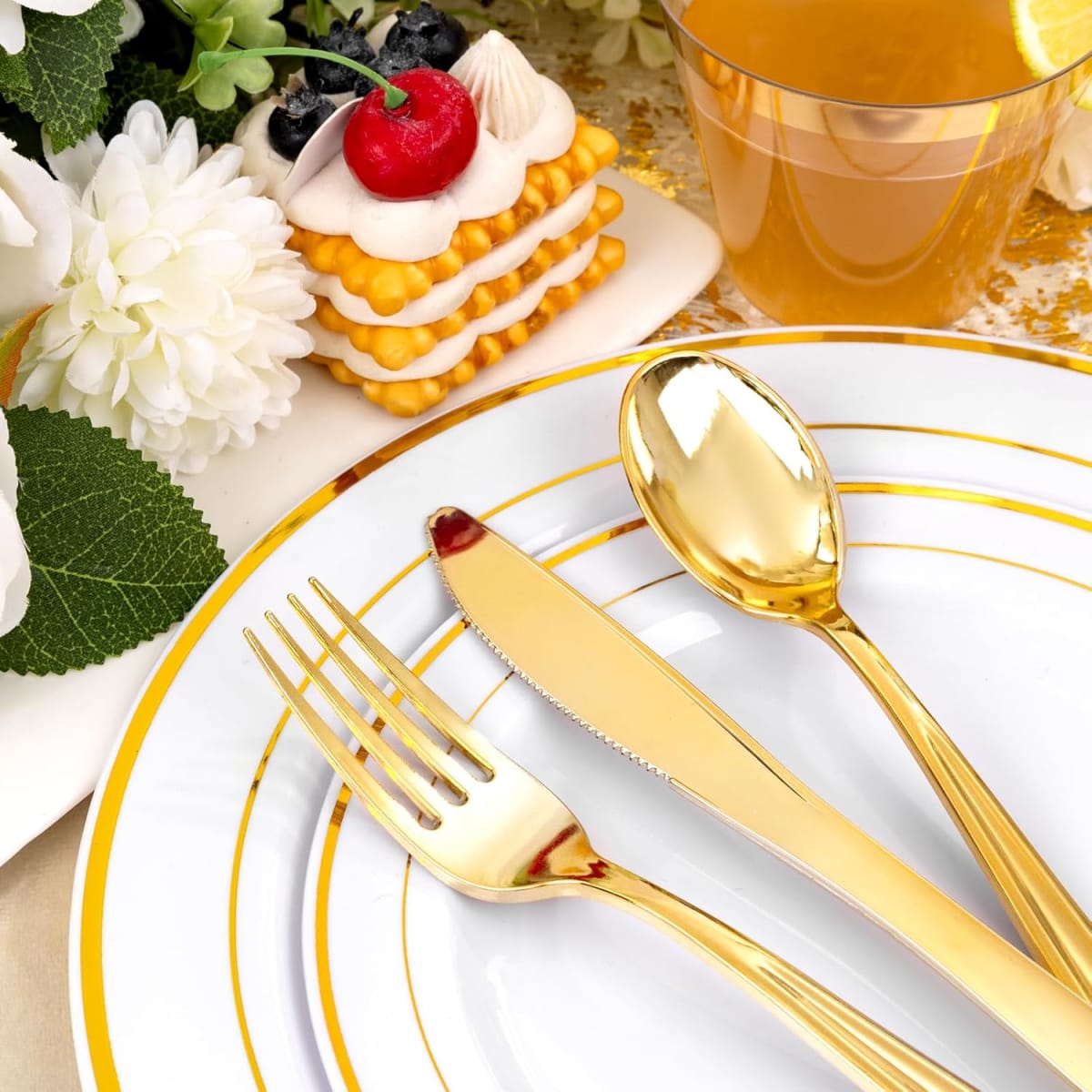 Set Platos Desechables Elegantes Fiesta 10 Personas 50 Pcs Gold