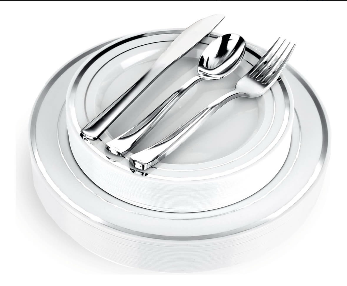 Set Platos Desechables Elegantes Fiesta 10 Personas 50 Pcs Silver