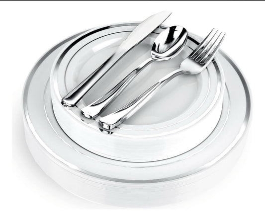 Set Platos Desechables Elegantes Fiesta 10 Personas 50 Pcs Silver