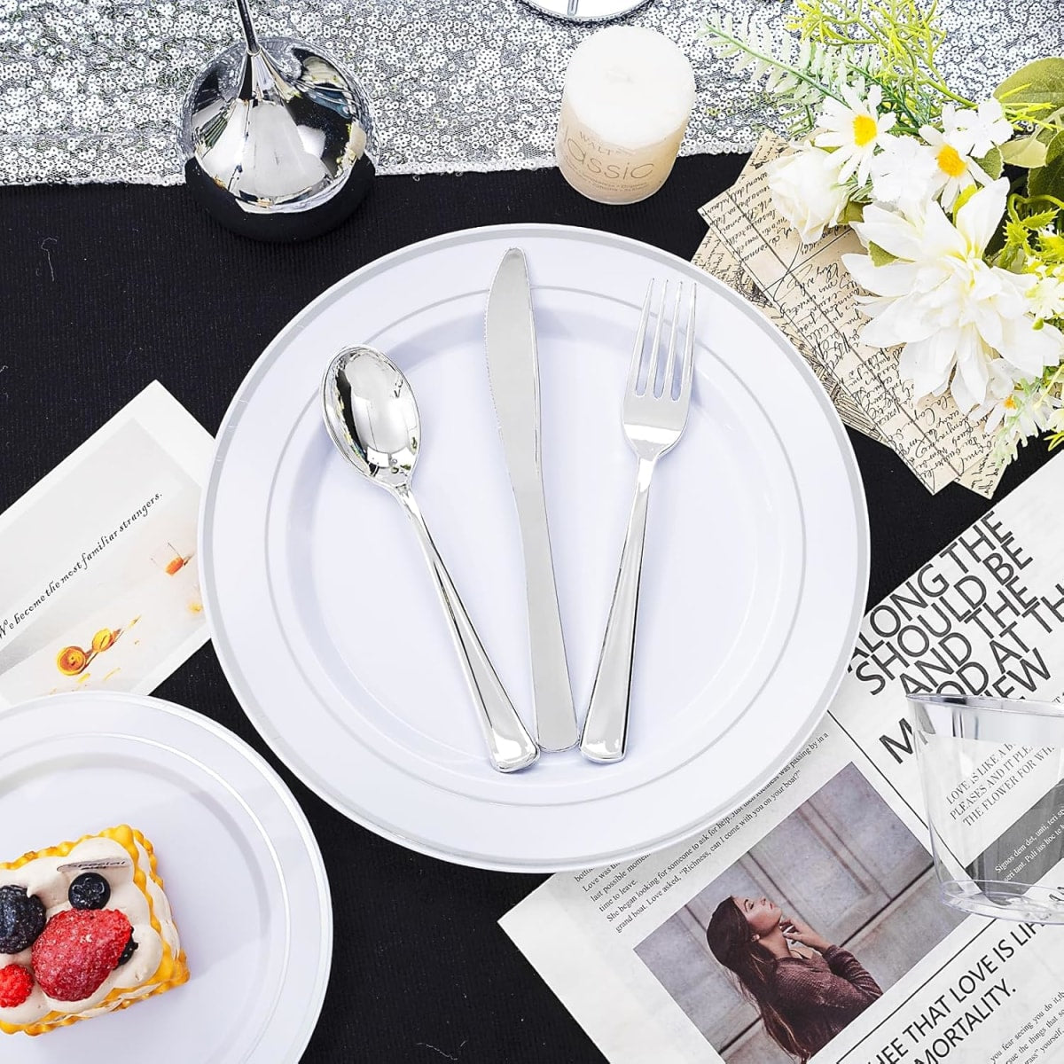 Set Platos Desechables Elegantes Fiesta 10 Personas 50 Pcs Silver