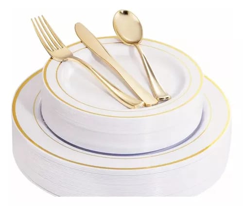 Set Platos Desechables Elegantes Fiesta 10 Personas 50 Pcs Gold